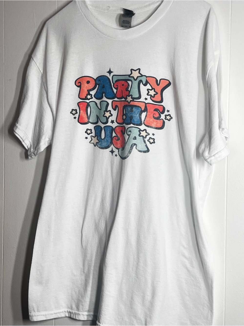 "Party in the USA" Graphic Tee - White with Red & Blue Print Large